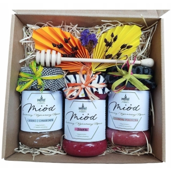 Zestaw Prezentowy Box Kosz prezent 3 x 400g miód dużo smaków z maliną ...