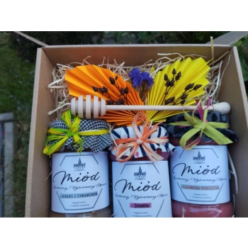 Zestaw Prezentowy Box Kosz prezent 3 x 400g miód dużo smaków z maliną ...